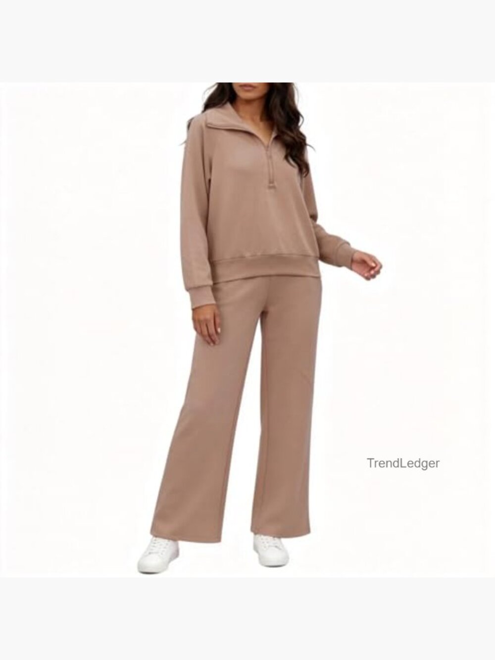 Women's Knit Sweater Set - Half Zip Pullover & Wide Leg Pants - Picture 2 of 5